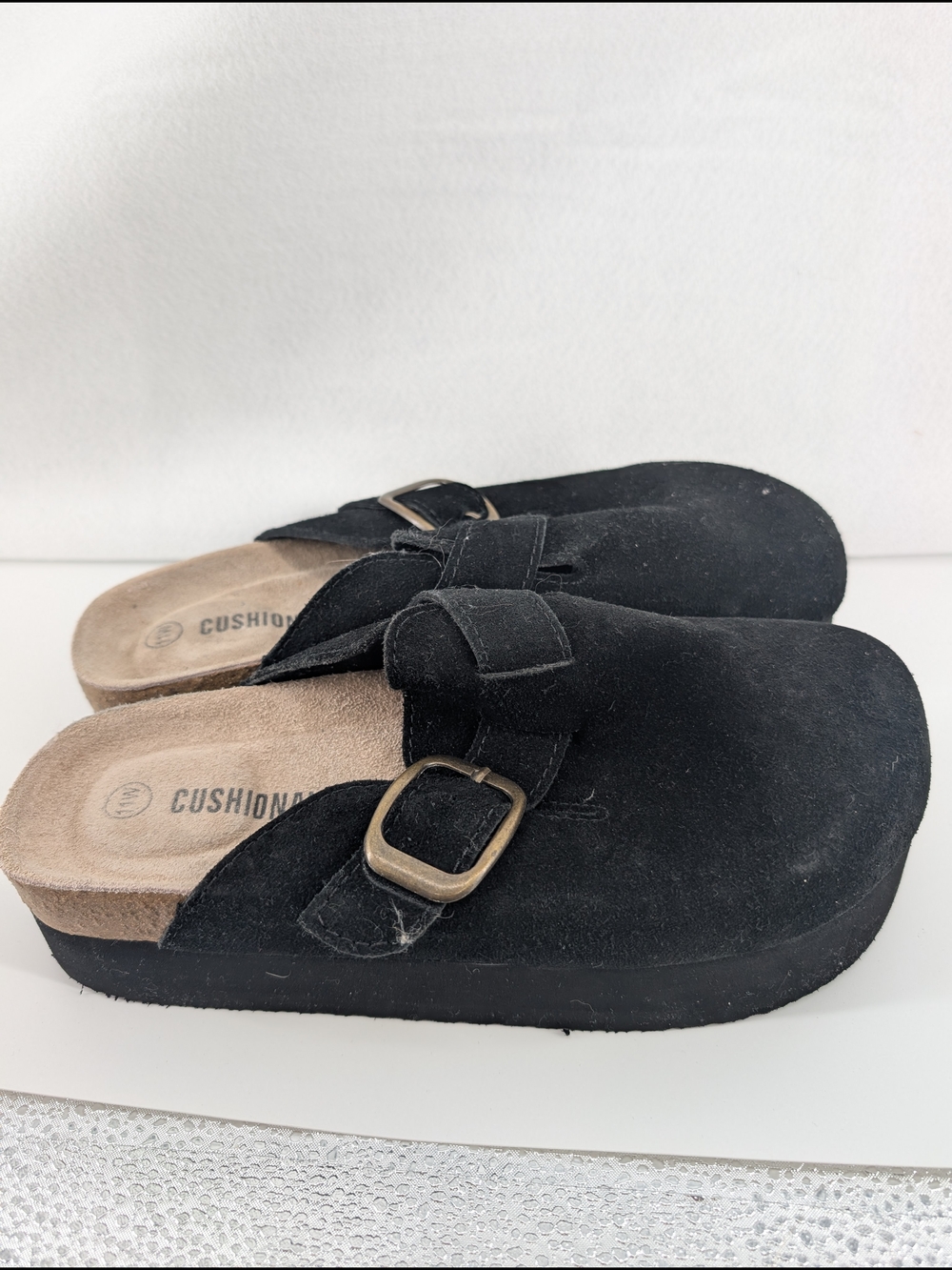 Cushionaire Granola suede platform clogs in black